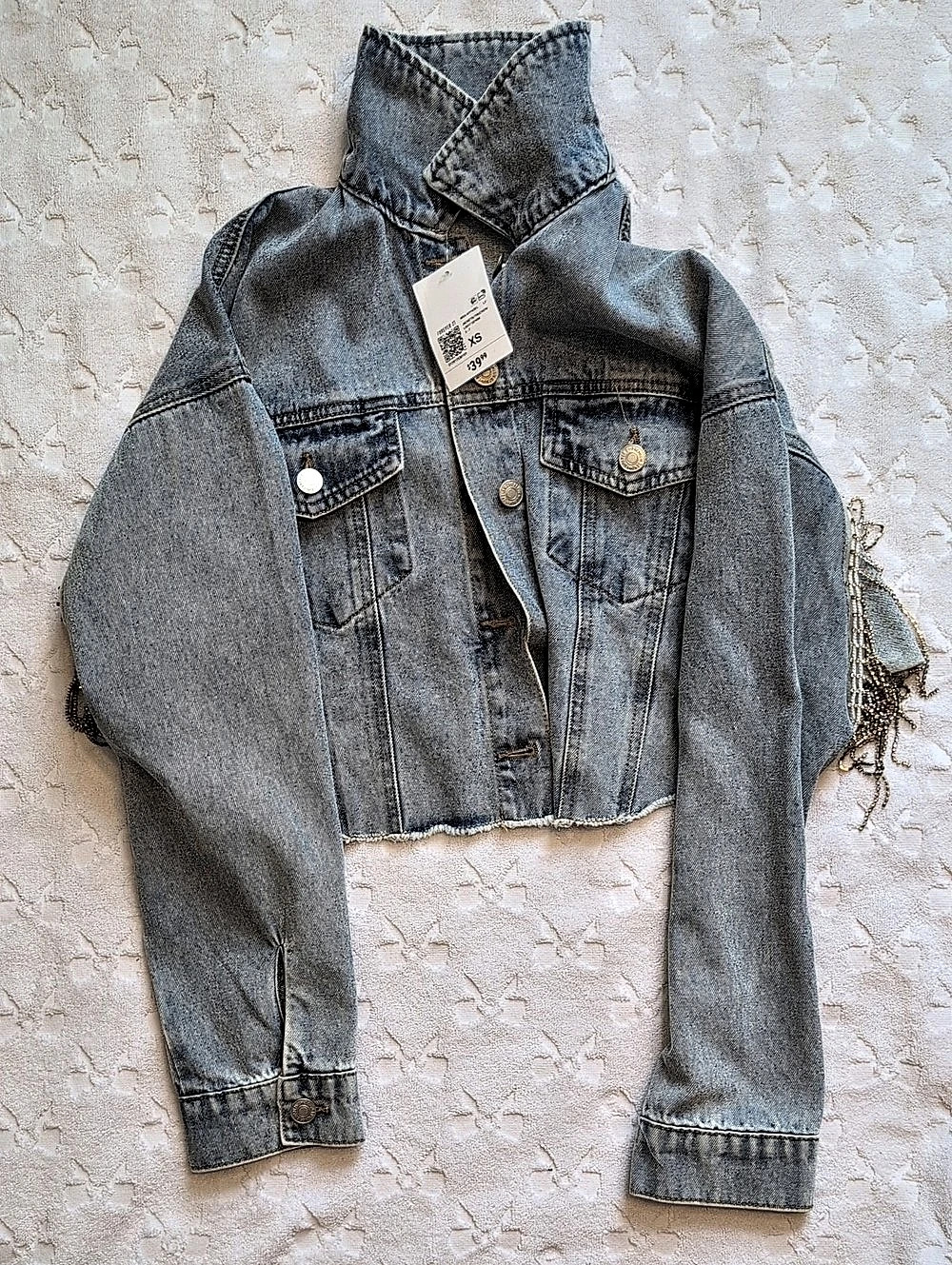 Forever 21 Rhinestone Fringe Denim Jacket Blue XS